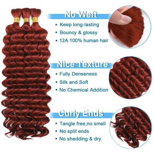 CIFENDIN Human Braiding Hair For Boho Braids 110g Deep Wave Bulk Human Hair for Braiding Knotless 12A 100% Brazilian Virgin Hair Extensions Bulk Bohemian 3 Bundles Color Copper 14 Inch