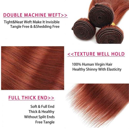 #33 Reddish Brown Straight Human Hair Bundles 3 Bundles Straight Hair Brazilian Virgin Human Hair Extensions Unprocessed Hair Bundles for Women 14 16 18 Inch