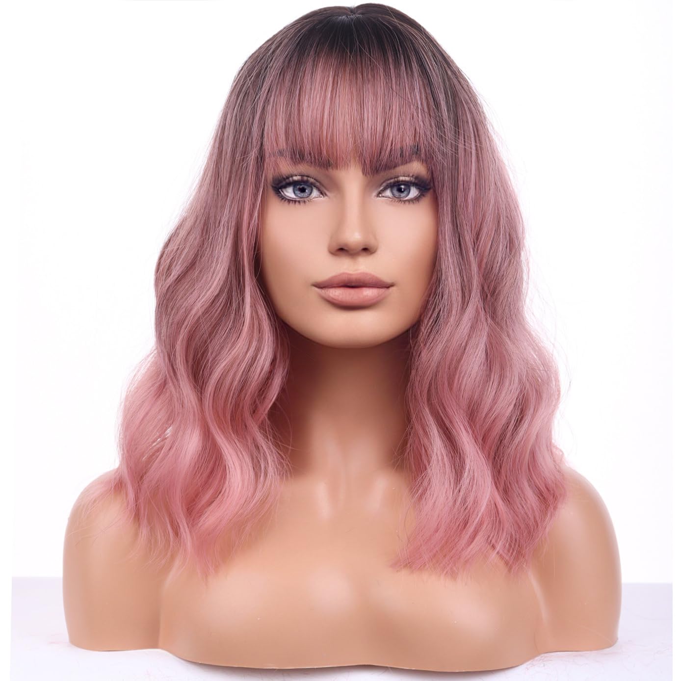 BERON Ombre Pink Wigs Short Curly Bob Wig with Bangs Ombre Color Wavy Hair Wigs Women's Synthetic Wigs Daily Party Use