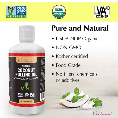 Verdana Organic Oil Pulling for Teeth & Gums – 32 oz Mint – USDA Organic Coconut Pulling Oil Rinse – Alcohol-Free, Fluoride-Free – Natural Mouthwash for Fresh Breath, Gum Health & Oral Detox