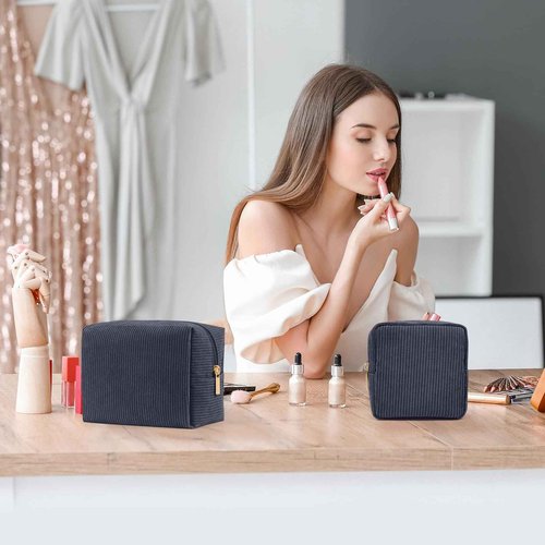 MAGEFY Makeup Bag for Purse, 2 Pcs Corduroy Cosmetic Bag for Girls Women Small Travel Makeup Pouch with Zipper (Grey)