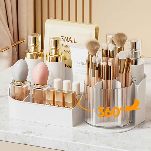 NATURE'S SOURCE Rotating Makeup Organizer Countertop for Vanity with Makeup Brush Holder, Large Capacity, Grid Design, 360° Rotatable Skincare Organizer Perfume Tray for Dresser, Bathroom (White, 1T)
