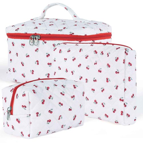 Sarrany 3Pcs Makeup Bag Set,Quilted makeup bag,Floral Cosmetic Bag for Women, Cute Cotton Cosmetic Bag, Wide-open Easy to Take, Flower Toiletry Organizer Bag