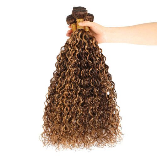 ALHER 12A Water Wave Ombre Single Bundles, Soft Thick P4/27 Honey Blonde Highlight Bundles Wet and Wavy, Brown Highlight Colored Curly Human Hair Bundles 100% Brazilian Virgin Remy Hair 12 Inch