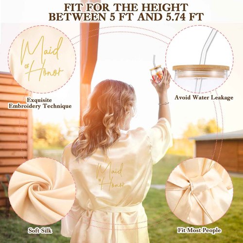 Irenare 8 Pcs Proposal Gifts Set Robes Makeup Bag Cup Cards Hair Tie Bracelet Diamond Pen Bridesmaid Gift Box(Champagne,Maid of Honor)