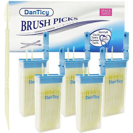 DanTicy Brushpicks Interdental Toothpicks,Soft Bristle Dental Floss Picks Toothpicks,Helps Removes Plaque and Debris Between Your Teeth 600PCS (Pack of 5) Coconut