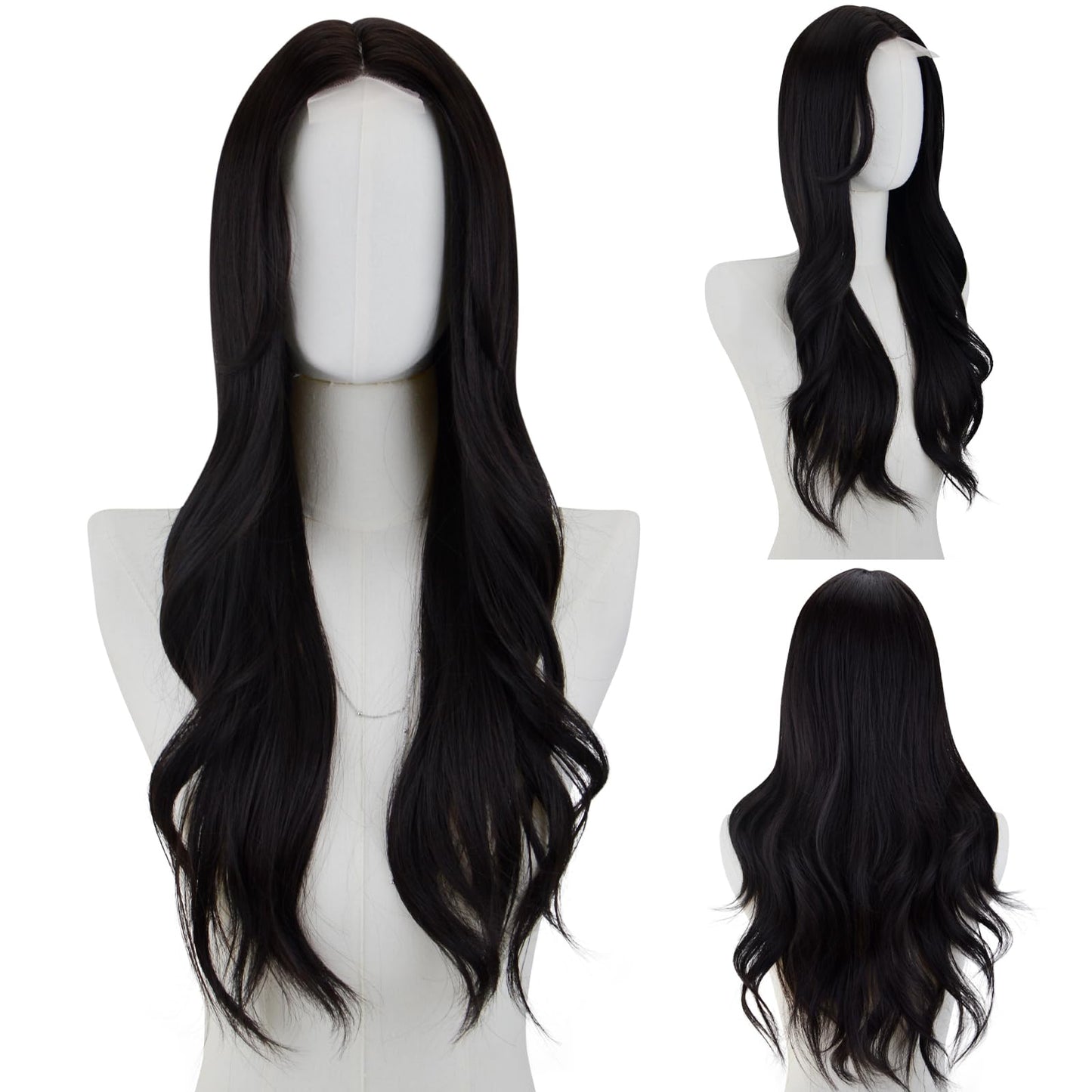 AICKER Long Black Wavy Wig for Women 26 Inch Middle Part Curly Wavy Wig Natural Looking Synthetic Heat Resistant Fiber Wig for Daily Party Use (Black)