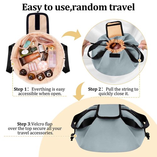 Barrel Drawstring Makeup Bag Large Travel Makeup Bag,Portable Large Capacity Cosmetic Bag Toiletry Organizer for Travel Accessories Make Up Essentials and Hair Product,Gifts for Women (greyish blue)