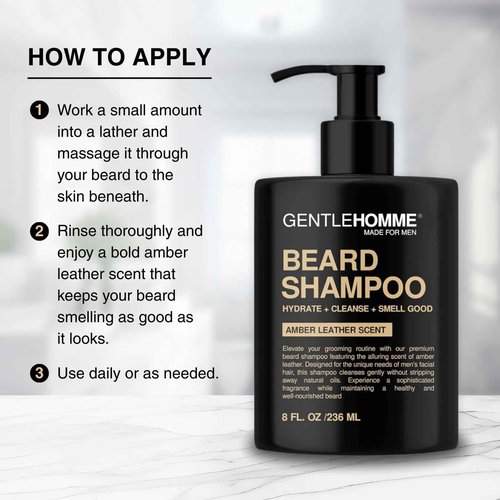 Beard Shampoo & Pouch Kit - Men’s Beard Wash - Hydrate, Cleanse, Soften & Strengthen - For Itchy & Flaky Facial Hair - With Witch Hazel - All Skin & Beard Types - Vegan - Amber Leather Scent - 8oz