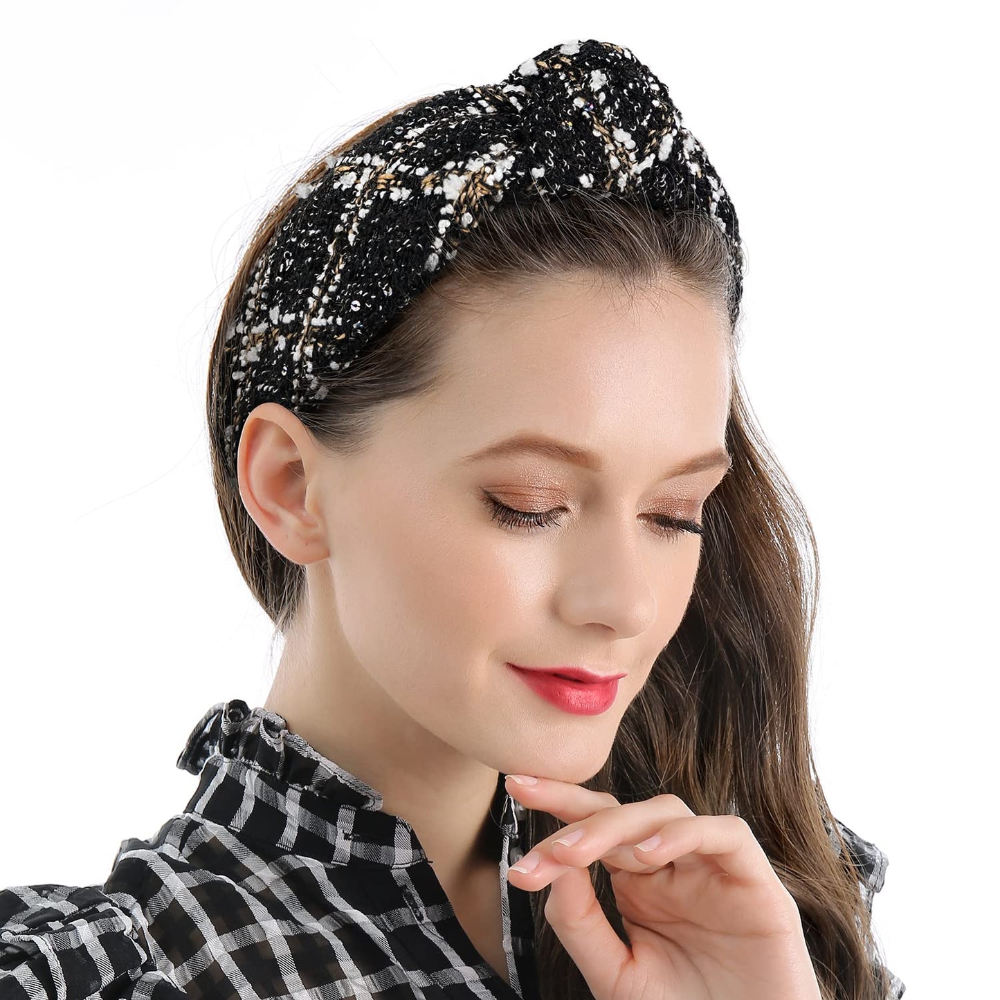 QIANXUAN Black Fabric Headbands For Women Top Knotted Headbands For Women Top Knot Headband Plaid Elegant Twill Woolen Cloth Hairband Classic Houndstooth Hair Accessories Girls