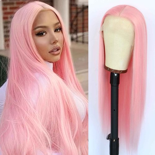 Oxeely Light Pink Synthetic Lace Front Wigs Long Straight Hair Pink Lace Wigs Natural Hairline Pre Plucked Glueless Synthetic Lace Wigs Heat Resistant Fiber Hair Light Pink Wigs for Women Daily Wear