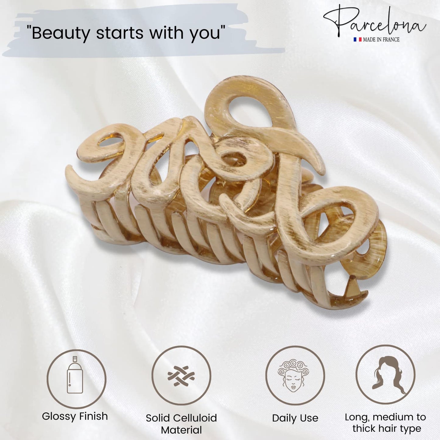 Parcelona French Love Medium 3" Celluloid Acetate Claw Clips Covered Spring Durable Fashion Hair Styling Clips Women Hair Accessories Girls Hair Clips (Dusty Beige Brown 3")