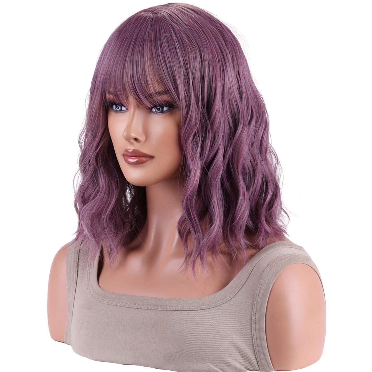 AneShe Purple Wig Short Purple Wavy Bob Wig for Women Curly Synthetic Hair Wig With Air Bangs Shoulder Length Colored Costume Wigs for Party Cosplay (14" Taro Purple)