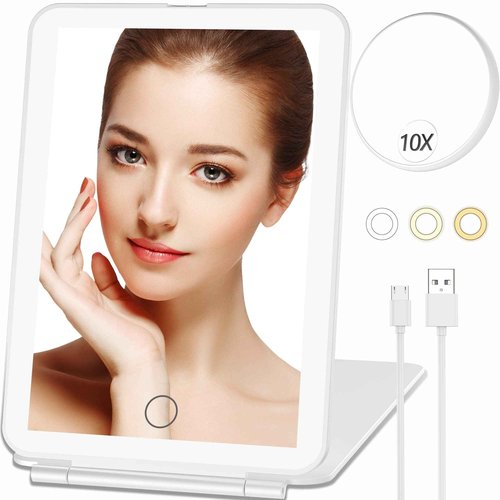 Mecion Makeup Vanity Mirror with 80 LED Lights, Rechargeable 2500mAh Batteries, Travel LED Compact Light Up Mirror with 3 Color Lights, Travel Essentials for Women