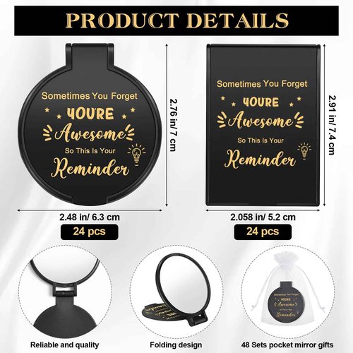 Geetery 48 Sets Inspirational Compact Mirror Bulk Round Makeup Glass Purse Pocket Mini Hand Folding Makeup Mirror with Gift Bags for Thanksgiving Christmas Women Coworker Friends