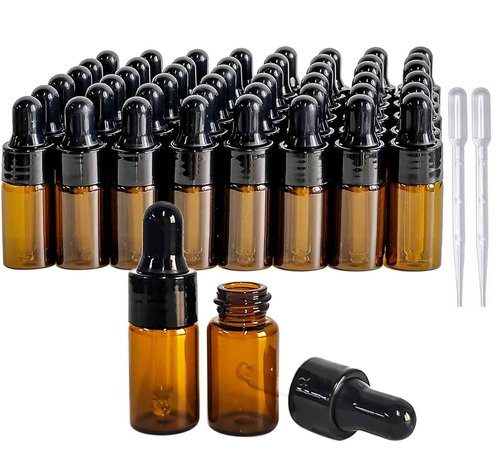 PYAWI 50Pcs Amber Glass Mini Dropper Bottle 1/3ml Amber Essential Oil Bottles Vials Travel Cosmetic Sample Container Liquid Perfume Eye Droppers Bottle (3ml)