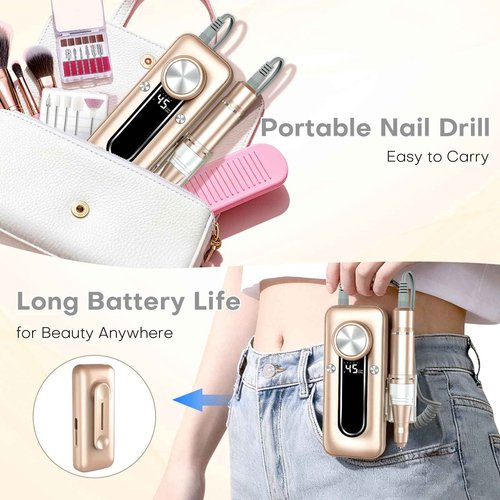 TUOBEO Nail Drill Electric Nail File Kit 45000 RPM Professional Efile Nail Set,Cordless Portable Rechargeable Acrylic Gel Nail Polish Remover Machine Pedicure Manicure Tool with for Salon Home Gold