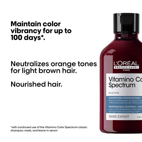 L'Oréal Professionnel Paris Vitamino Color Spectrum Blue Shampoo - Neutralizes Orange Tones, Enhances Shine & Vibrancy, Maintains Day 1 Hair Color, Hydrates & Strengthens Light Brown Hair