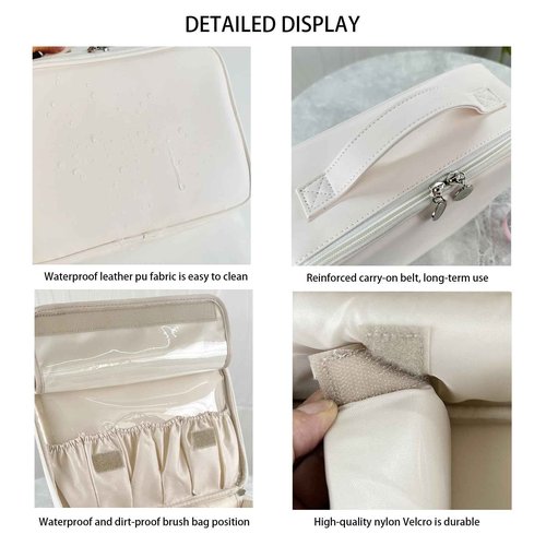 MKPCW Multifunctional Travel Makeup Bag Cosmetic Organizer with Removable Dividers, Brush Holder & Luggage Strap – Waterproof Large Capacity Toiletry Pouch for Women, Gym, Daily Use (White)