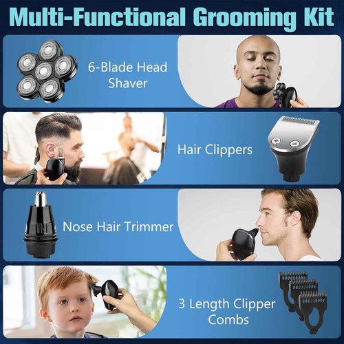 Electric Head Shavers for Bald Men, Upgraded 6-in-1 Waterproof Wet/Dry Grooming Kit Electric Shaver for Men, Cordless Rechargeable Bald Head Razor for Home&Travel