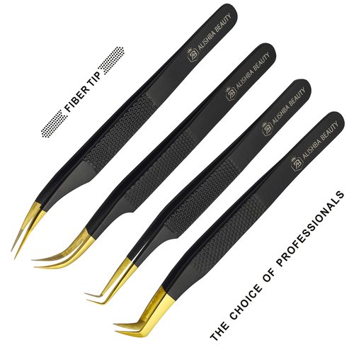 BEAUTICS Alishba Beauty Eyelash Extension Tweezers, Precision Fiber Tip Grip Japanese Stainless Steel Profiessional (Set of 4 Eyelash Tweezer) (BLACK GOLD)