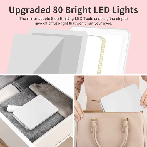 Mecion Makeup Vanity Mirror with 80 LED Lights, Rechargeable 2500mAh Batteries, Travel LED Compact Light Up Mirror with 3 Color Lights, Travel Essentials for Women