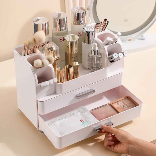 Anyoifax Makeup Organizer Countertop with Large Drawers, Vanity Organizer with Brush Holder, Skin Care Storage for Dresser, Perfume Organizer for Lotion, Lipsitck, Palette, All White