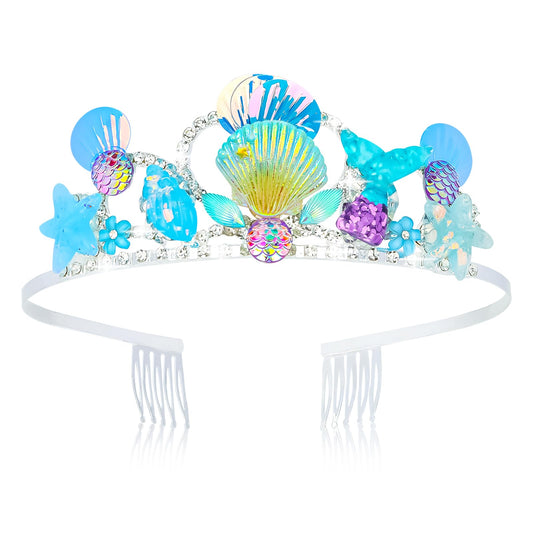 Wecoe Tiara for Girls Blue Mermaid Birthday Crown Princess Crown Fairy Crown Tiara Mermaid Party Decoration Birthday Party Favor Party Supplies Princess Dress Up Costume Accessories Gift