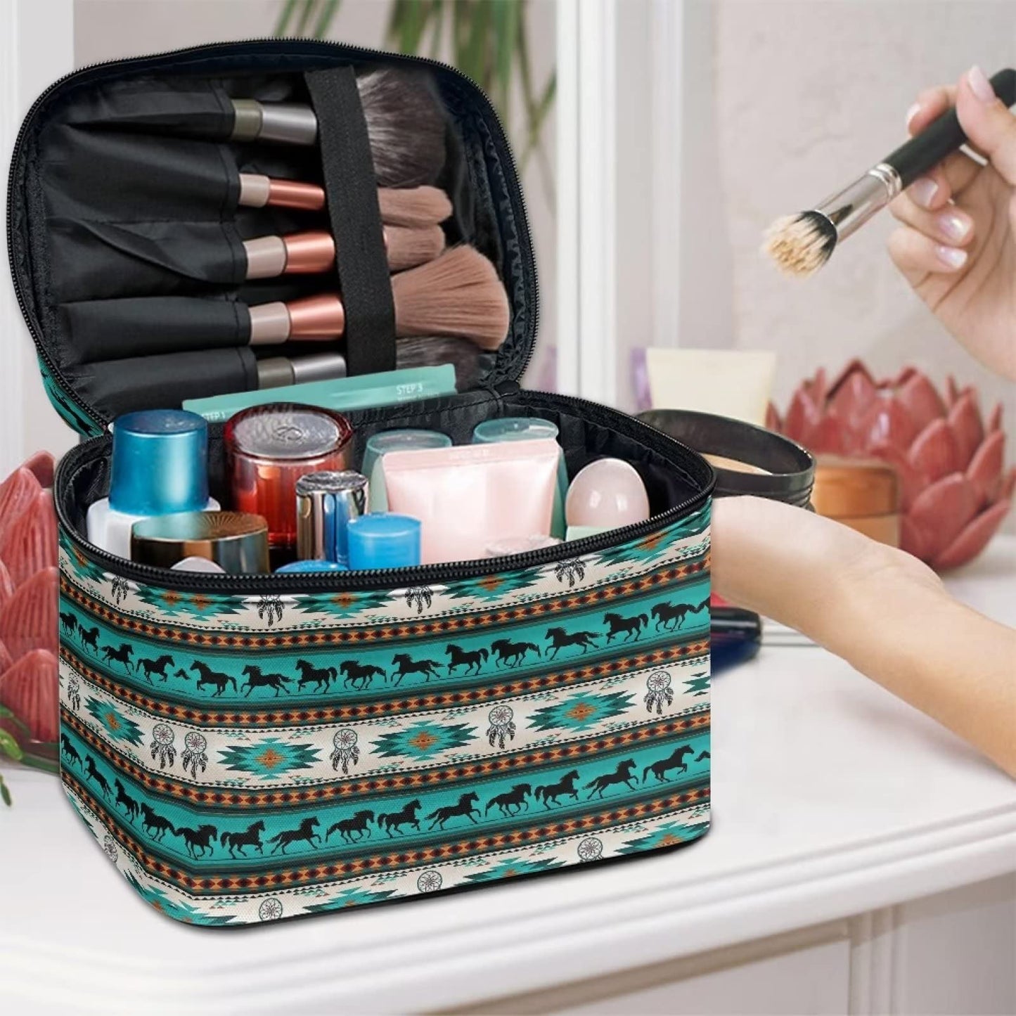 JEOCODY Cosmetic Bag Travel Organizer Southwest Tribal Horse Print Travel Makeup Cosmetic Case Storage Bag Portable Travel Makeup Train Case for Cosmetics Makeup Brushes, Girls, Women, Friends Gifts