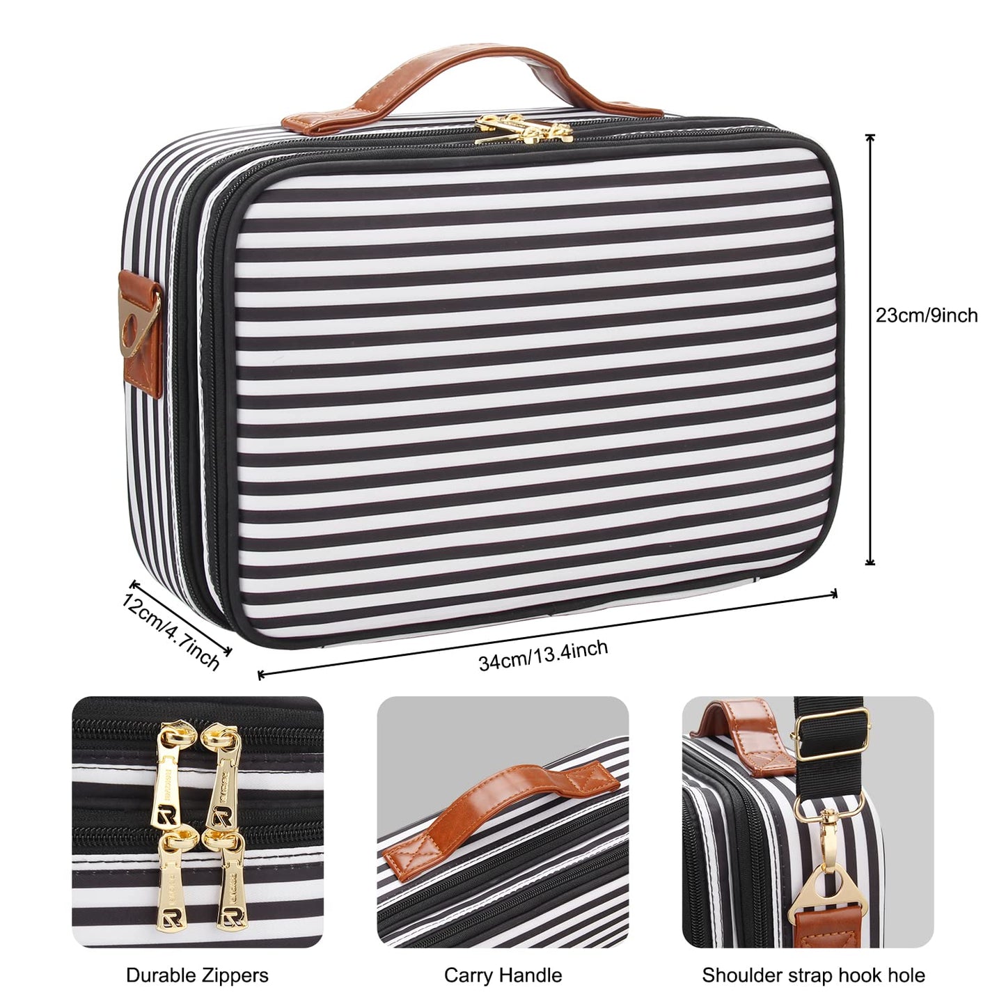 Relavel Makeup Bag Travel Makeup Train Case 13.8 inches Large Cosmetic Case Professional Portable Makeup Brush Holder Organizer and Storage with Adjustable Dividers and Shoulder Strap(Stripe)