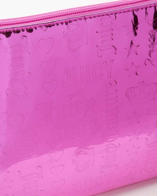 Juicy Couture Hot Pink Makeup Bag Cosmetics Organizer Travel Essentials Zip Top Wedge Shiny Crown