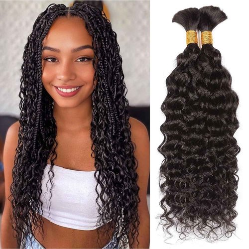 Human Braiding Hair for Boho Braids 100g 2 Bundles/Pack 16 Inch Curly Boho Hair for Braiding Knotless 12A Deep Wave Bulk Bohemian Natural Black