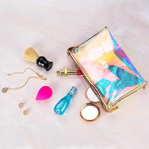Voittozege 10 Pcs Holographic Makeup Bag Bulk Iridescent Makeup Pouch Clear Bachelorette Bag Portable Zippered Toiletry Bag Waterproof Cosmetic Gift Bags for Organizer, Brushes,Women Gifts