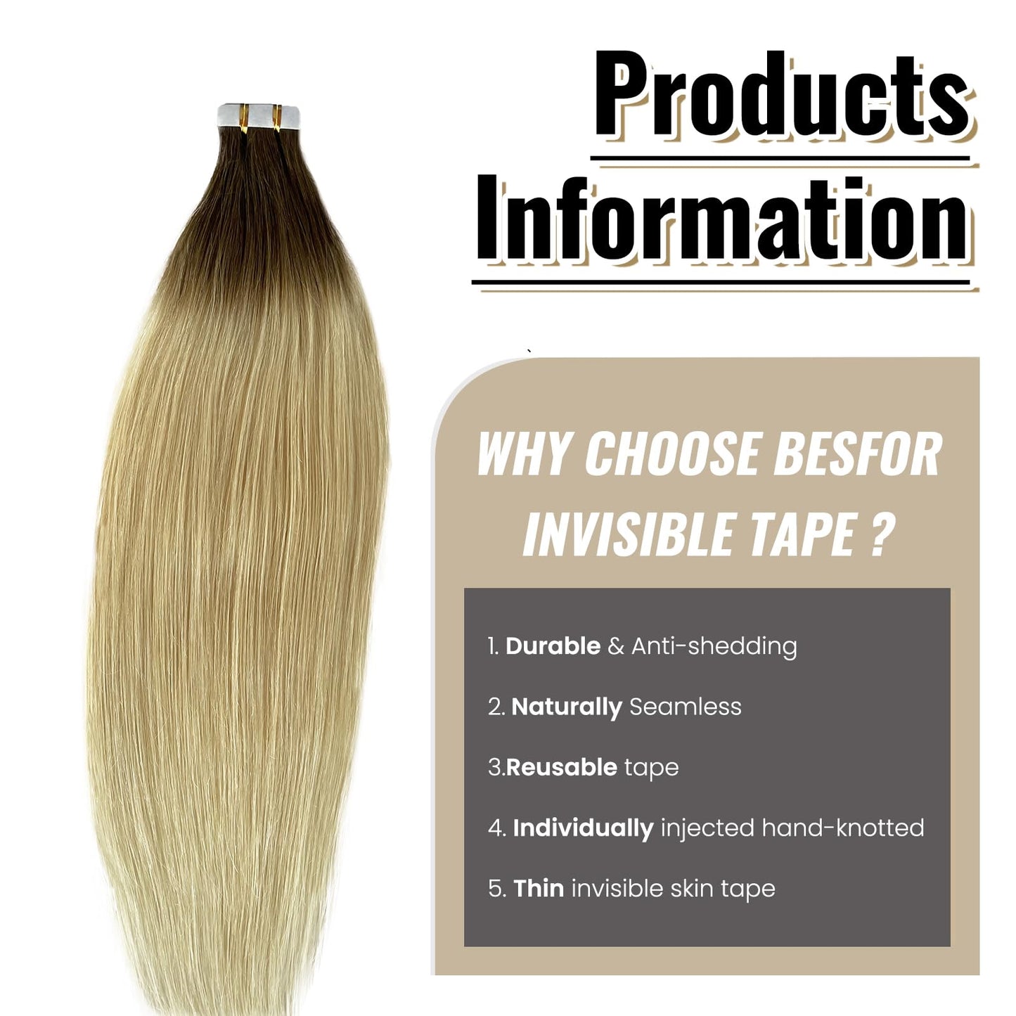 20inch Invisible Tape in Hair Extensions Human Hair Flax Brown to Platinum Blonde Tape Ins Human Hair Extensions Omber Platinum Blonde Human Hair Tape in Extensions 20pcs 50g/Pack