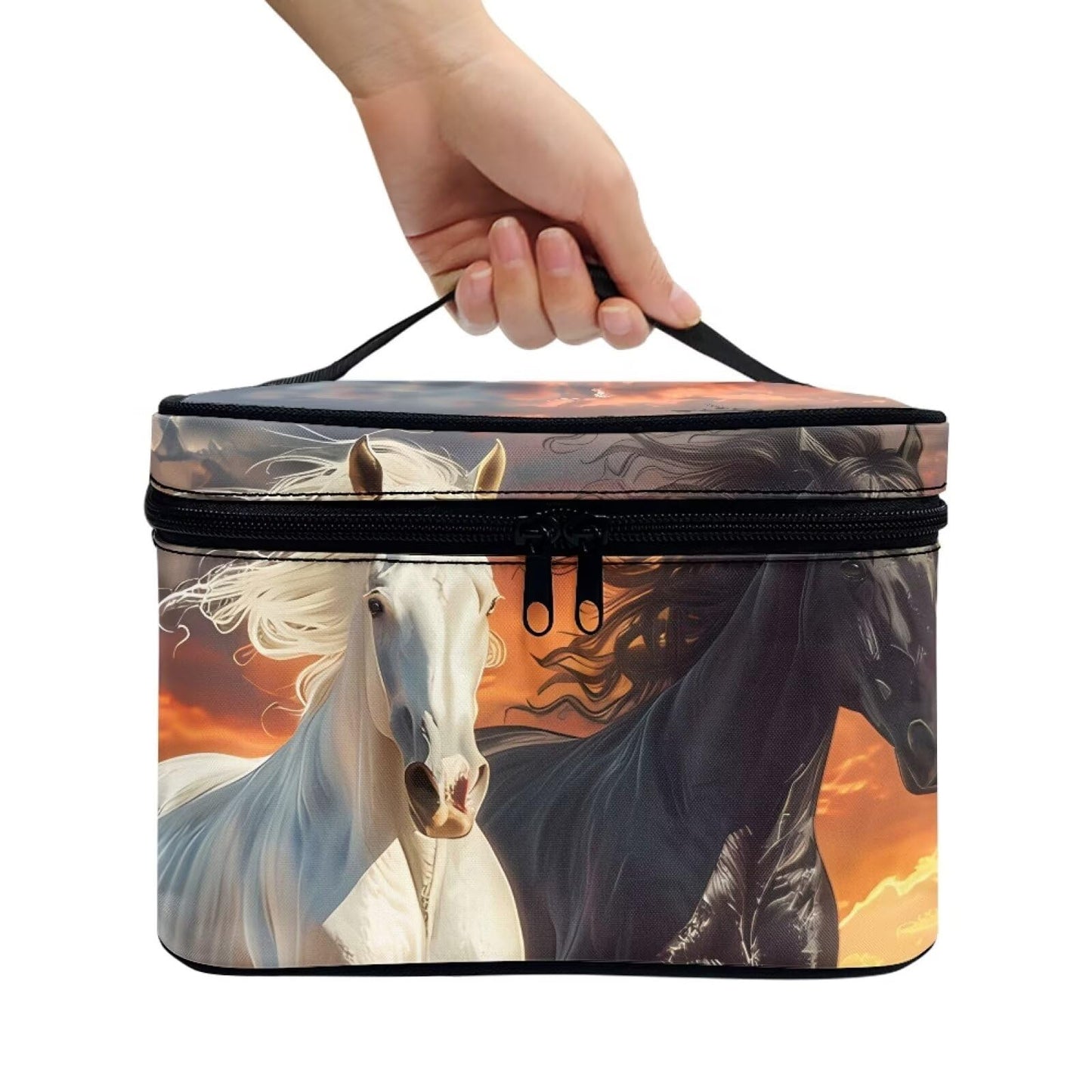 Psaytomey Cosmetic Brush Bags Case for Women Black White Horse Printed Travel Makeup Bags for Storage Brush Tools Concealer Lipsticks Toiletries Accessories