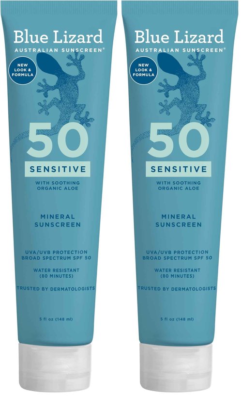 BLUE LIZARD Mineral Sunscreen, SPF 50+, Tube, Zinc Oxide | Water Resistant | Fragrance Free | For Sensitive Skin | 5 Fl Oz Pack of 2