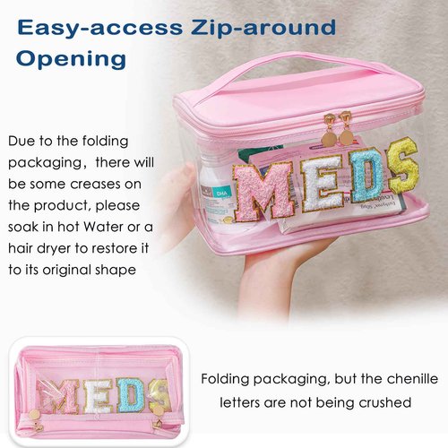 Chenille Letter Clear Medicine Makeup Bag, Large Size Waterproof Nylon Cosmetic Toiletry Storage bag with Top Handle, Transparent Meds First Aid Travel Organizer Cosmetic Bag(02Light Pink)