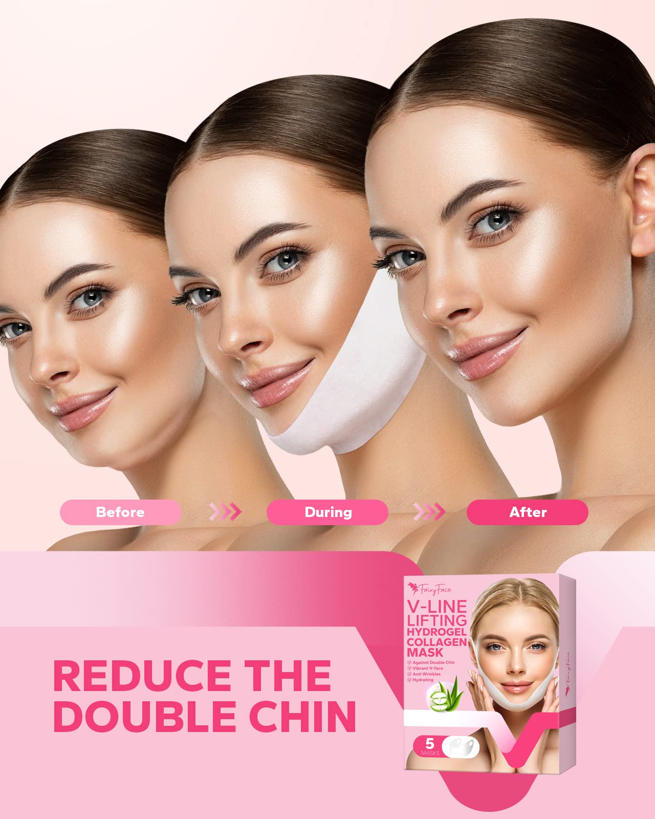 FairyFace V Line Lifting Mask, 5 Count Double Chin Reducer, Lifting Hydrogel Collagen Mask with Aloe Vera and Seaweed, Hydrating and Anti-aging, Creating a V-shaped Face Full of Vitality