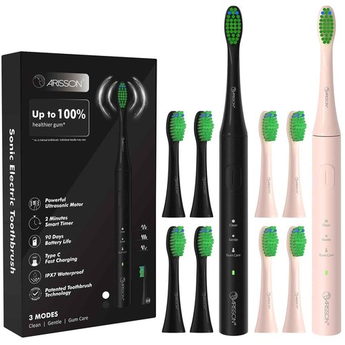ARISSON Sonic Electric Toothbrush for Adults and Kids with 4 Brush Heads, Type C Fast Charging, Denture Toothbrush, Denture Cleaning Brush, Desert Sand + Midnight Black