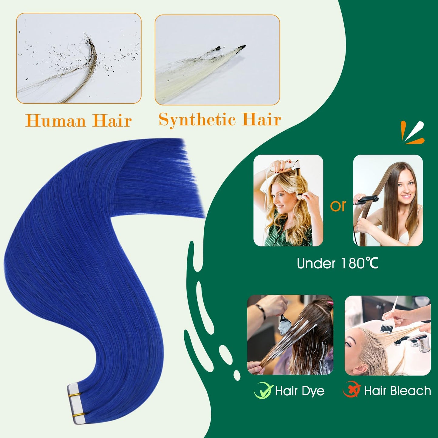 Easyouth Blue Tape in Hair Extensions Human Hair Tape ins Extensions Human Hair Colored Blue Tape in Extensions Real Human Hair Silky 14Inch 20g 10pcs