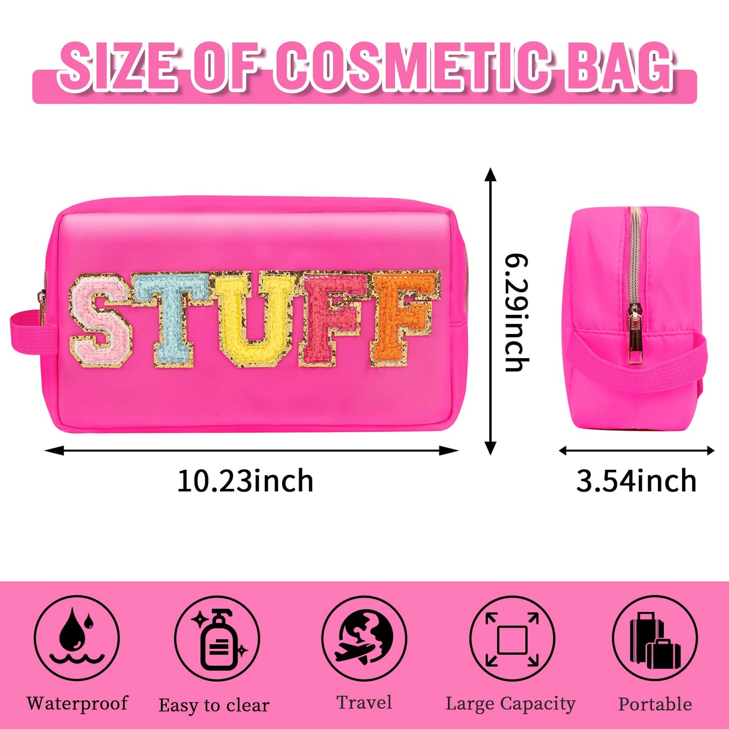 UIXIZQ Preppy Nylon Cosmetic Bag Stuff Pouch for Women Girls, Portable Makeup Bag with Chenille Letter Patches, Zipper Pouch Storage Purse Waterproof Organizer for Travel