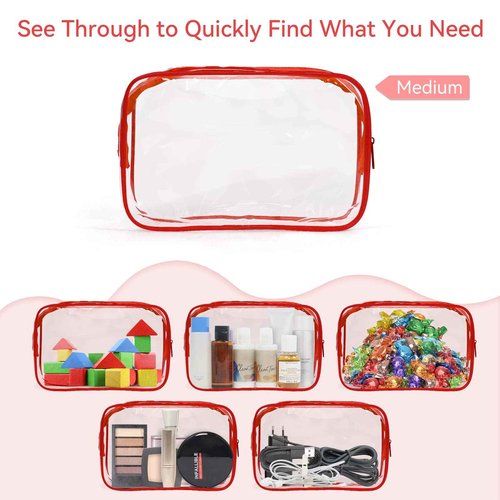 TISRATOK 12 PCS Clear Makeup Bag for Women with Zipper, TSA Approved Toiletry Pouch, Cosmetic Bag Bulk for Travel Organizer Essentials - Red, Medium