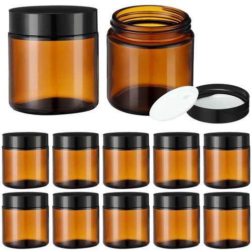 Kymqlyw Classic Amber Glass Jars with Black Lids, 12 Pcs 4 oz, Leakproof, Round, Airtight, Cosmetic Jars for Candle Making, Storing Lotions, Spice Powder, Liquid Sample, Makeup