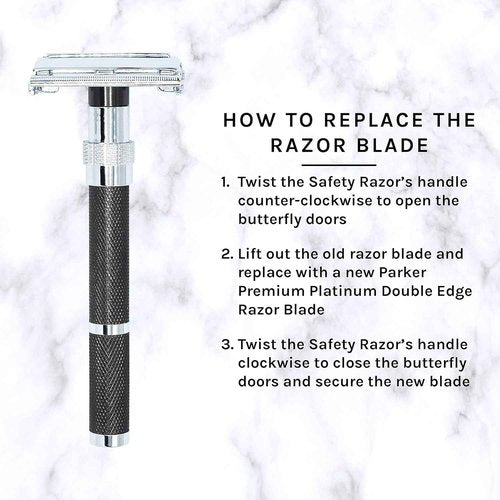 Parker, 96R Graphite Gray Long Handle Butterfly Open Double Edge Safety Razor for Men, 5 Parker Premium Platinum Double Edge Razor Blades Included