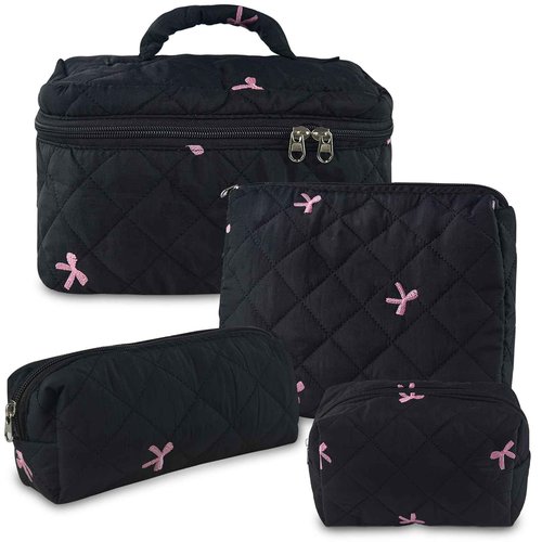 GISMTR 4Pcs Quilted Makeup Bag Set Cute Floral Cosmetic Bag Cotton Coquette Make up Bag Aesthetic Travel Toiletry Bag for Women Girls