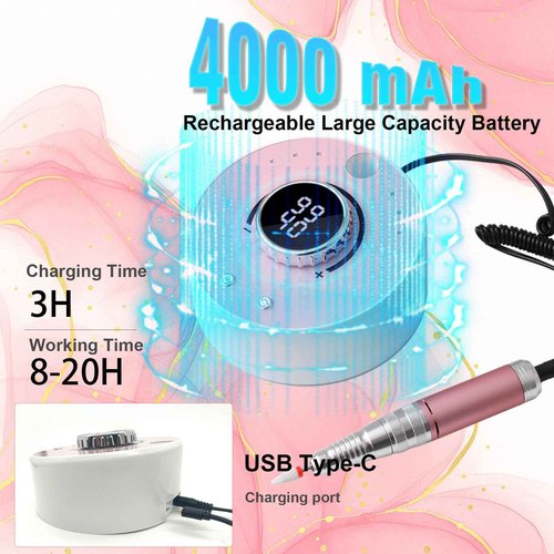 Qinvone Electric Nail Drill File, Professional 40000RPM Nail E-File Drill, Rechargeable Cordless Nail Drill with Bits & Base for Acrylic Nails Remove Nail Gel Polish Manicure for Home Salon Use (Pink)