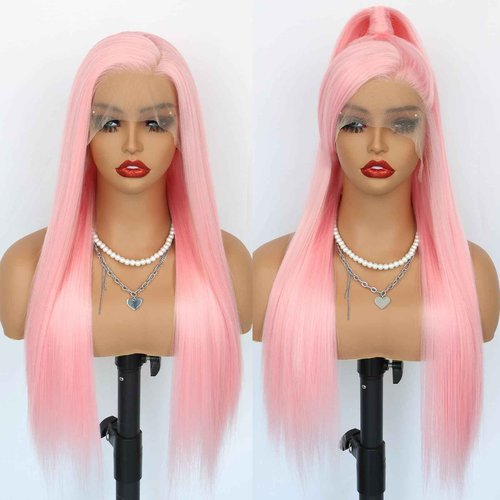 Oxeely Light Pink Synthetic Lace Front Wigs Long Straight Hair Pink Lace Wigs Natural Hairline Pre Plucked Glueless Synthetic Lace Wigs Heat Resistant Fiber Hair Light Pink Wigs for Women Daily Wear