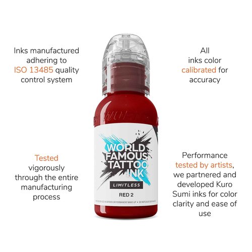 World Famous Tattoo Ink Limitless - Red 2 Tattoo Ink - Professional Tattoo Ink & Tattoo Supplies - Skin-Safe Permanent Tattooing in Bold Shades - Vegan & Non-Toxic (1 oz)