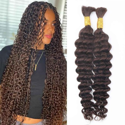 Human Braiding Hair for Boho Braids Deep Water Wave Curly Bulk Human Hair for Braiding Brazilian Virgin Human Hair for Micro Braiding Wet and Wavy Human Braiding Hair 100g 22inch Chocolate Brown