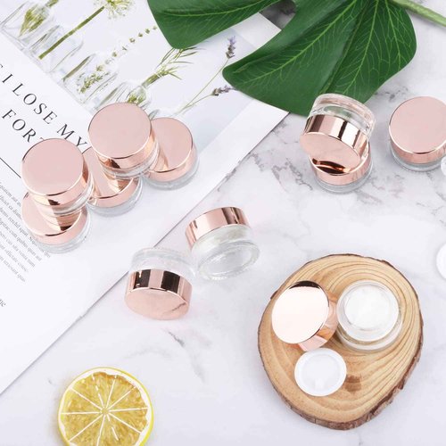 12 Pcs 5g Glass Cosmetic Jars Refillable Clear Cream Bottle Containers Empty Sample Vials Jar with Rose Gold Lid for Eye Cream Lotion Ointments Lip Balm Scrub